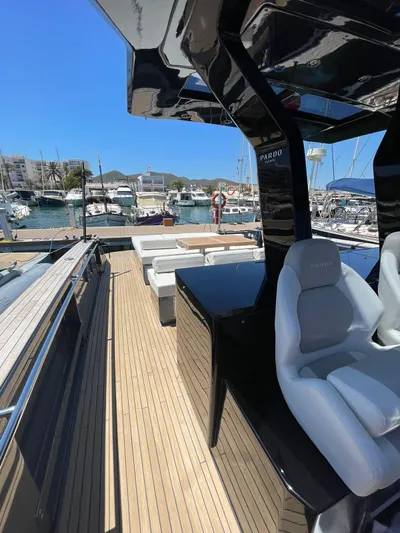  Yacht Photos Pics 2024 Pardo Yachts 43 with sleek deck design, docked at marina.