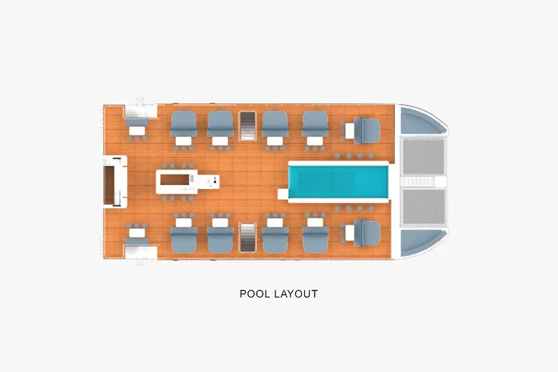  Yacht Photos Pics Custom PaxCat 80 pool layout, 2024 model, featuring deck chairs and central swimming pool.