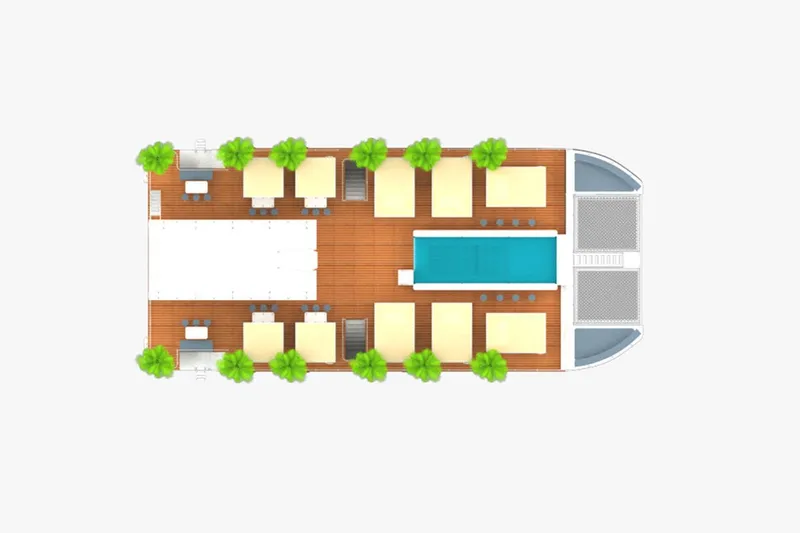  Yacht Photos Pics Top view of 2024 Custom PaxCat 80 yacht deck layout with pool and seating areas.