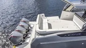 47 Verve Yacht Photos Pics 2021 Azimut Verve 47 yacht with triple outboard engines on calm water.