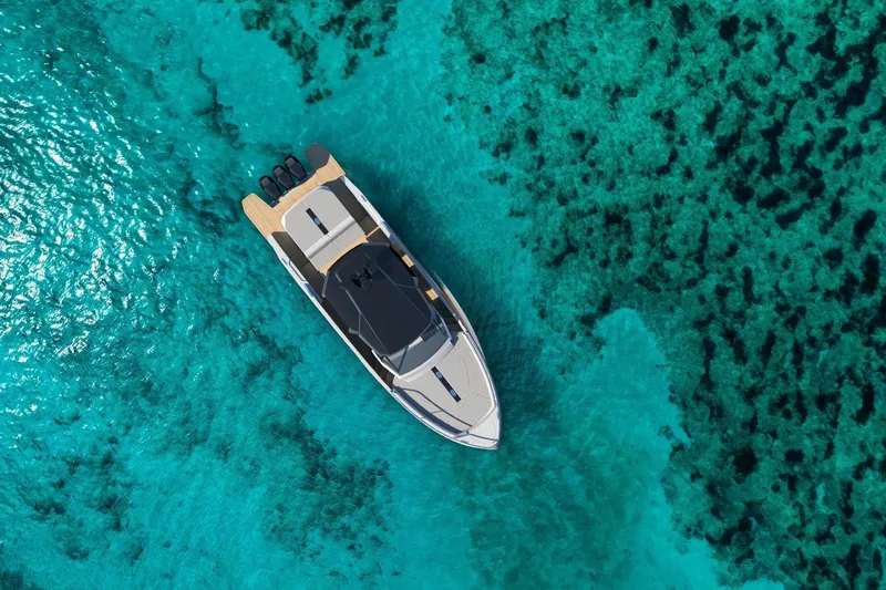 Nv47 Yacht Photos Pics Aerial view of Navise NV47 yacht on clear turquoise water, 2026 model.