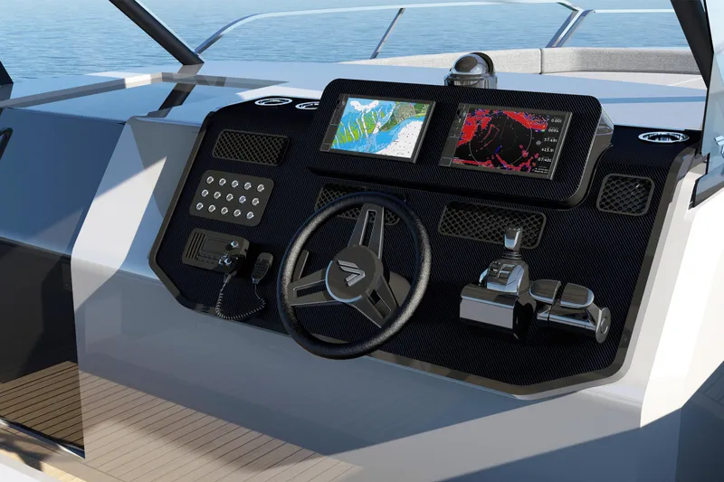 Nv47 Yacht Photos Pics Helm of 2026 Navise NV47 boat with advanced navigation displays and controls.