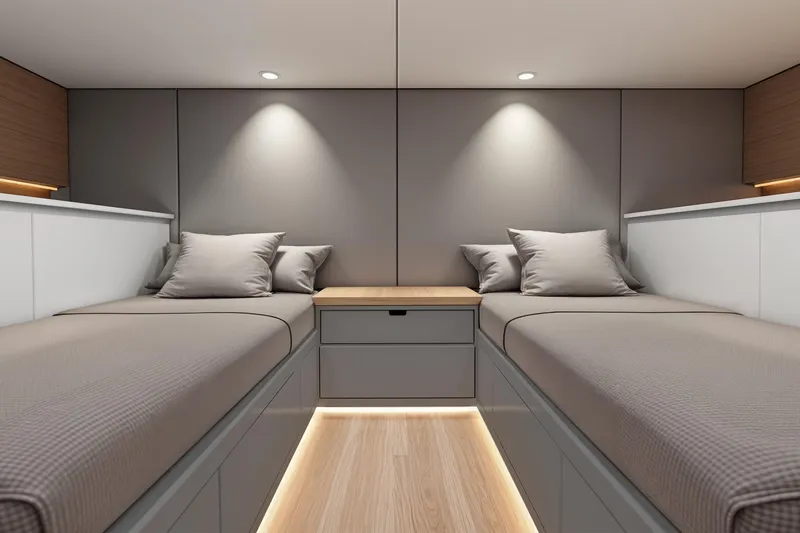 Nv47 Yacht Photos Pics Modern Navise NV47 2026 interior with twin beds, sleek design, and ambient lighting.