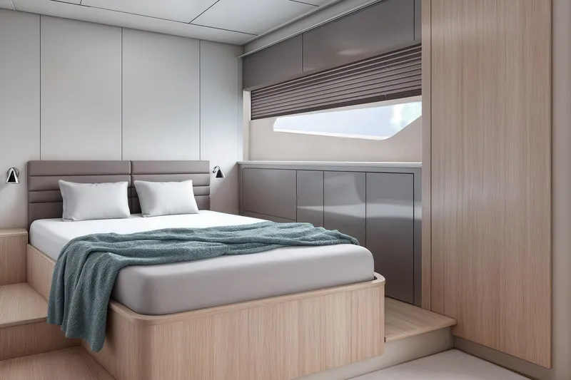 Nv47 Yacht Photos Pics Luxurious Navise NV47 2026 yacht bedroom with modern design and cozy bedding.
