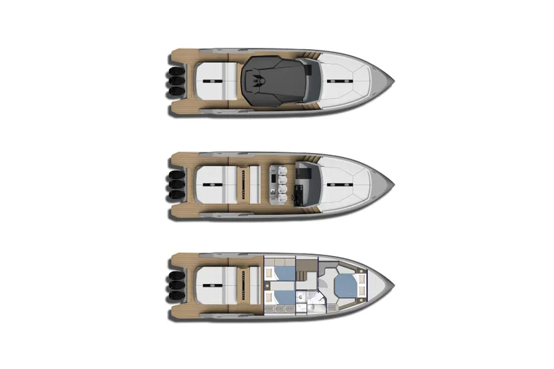 Nv47 Yacht Photos Pics Top view of 2026 Navise NV47 boat layout, showcasing three distinct deck configurations.
