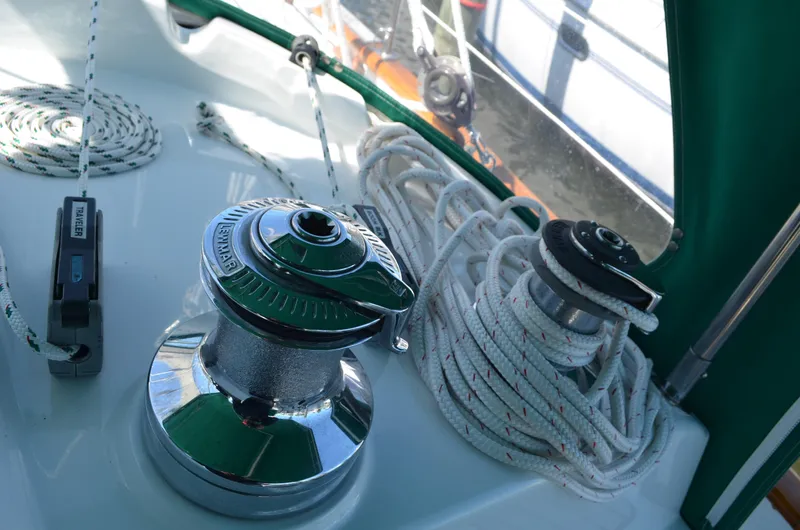 Fleur De Lys Yacht Photos Pics Sailboat deck with winches and ropes, Hans Christian Christina 1986 model.