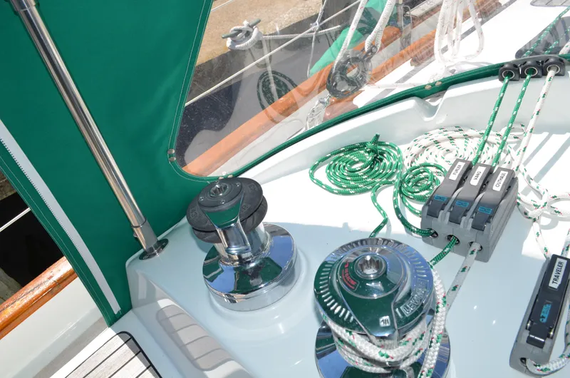 Fleur De Lys Yacht Photos Pics Sailboat deck with winches and ropes, Hans Christian Christina 1986 model.