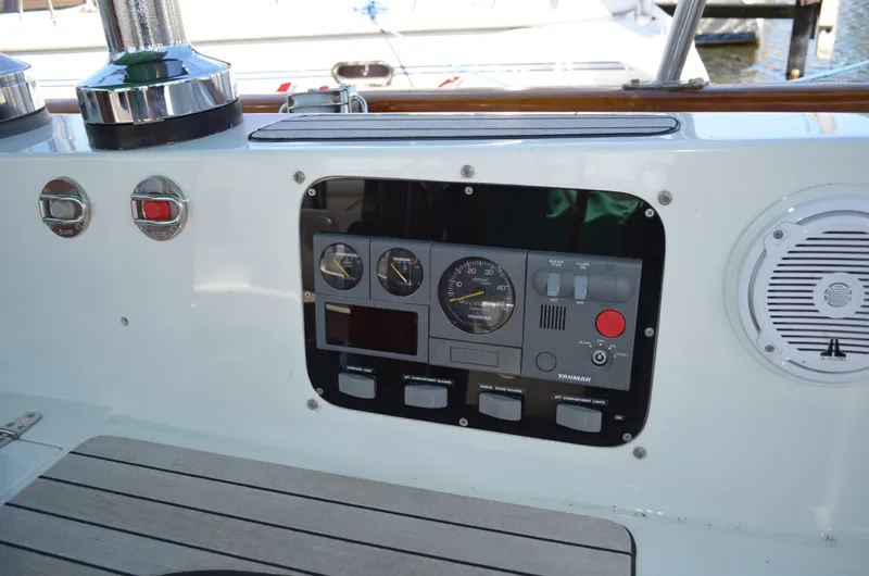 Fleur De Lys Yacht Photos Pics Control panel of 1986 Hans Christian Christina sailboat with gauges and switches.