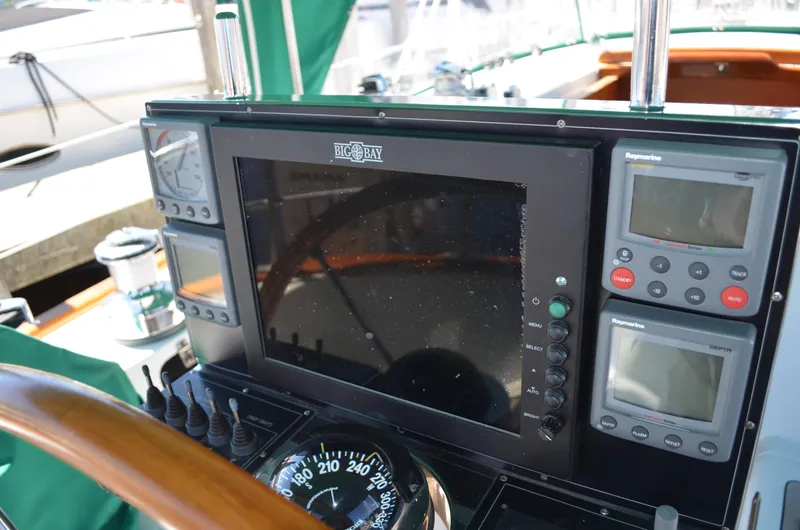 Fleur De Lys Yacht Photos Pics Cockpit navigation instruments on a 1986 Hans Christian Christina sailboat.