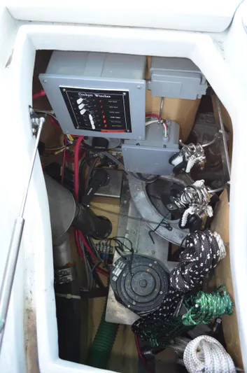 Fleur De Lys Yacht Photos Pics Electrical panel and storage compartment in 1986 Hans Christian Christina sailboat.