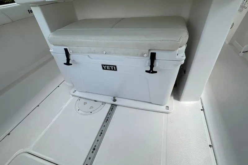  Yacht Photos Pics YETI cooler with cushioned seat on 2015 Everglades 295 Center Console boat.
