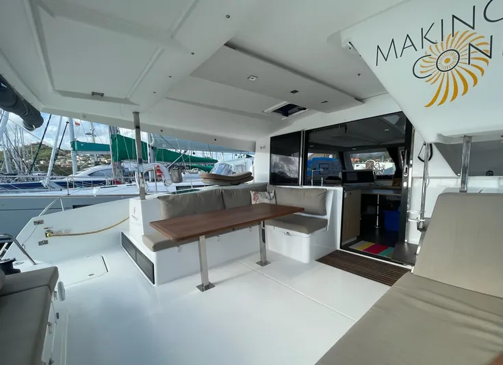  Yacht Photos Pics Spacious interior of 2019 Fountaine Pajot Lucia 40 catamaran with seating and dining area.