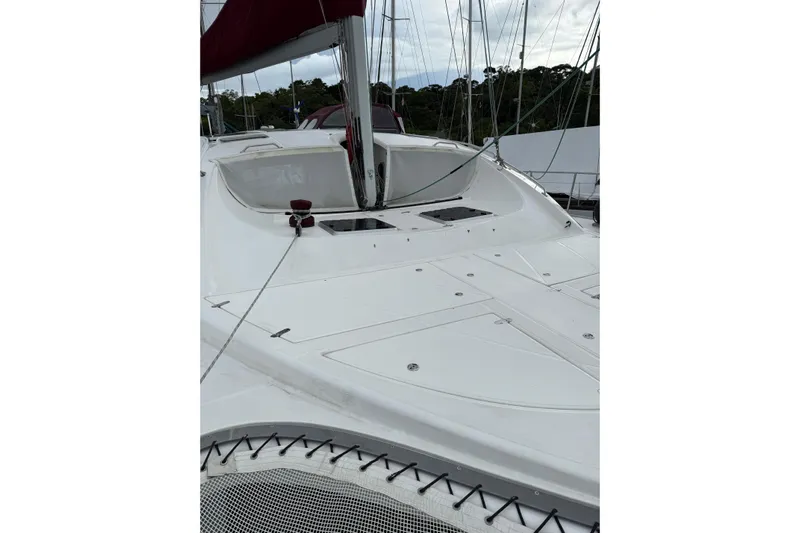 Manila Spirit Yacht Photos Pics 2012 Dean 5000 yacht deck with red sail and netting.