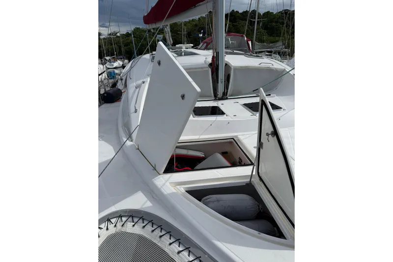 Manila Spirit Yacht Photos Pics 2012 Dean 5000 sailboat deck with open storage compartments.