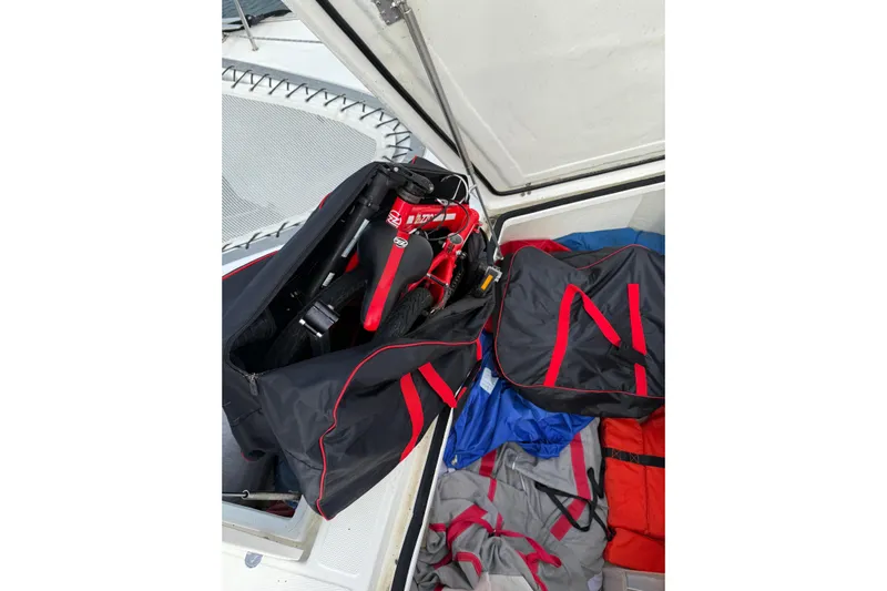 Manila Spirit Yacht Photos Pics Folded bike in a storage compartment on a Dean 5000, 2012 model.