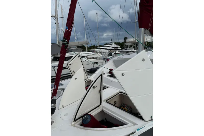 Manila Spirit Yacht Photos Pics Sailboat with open hatches in a marina, Dean 5000 model, 2012.