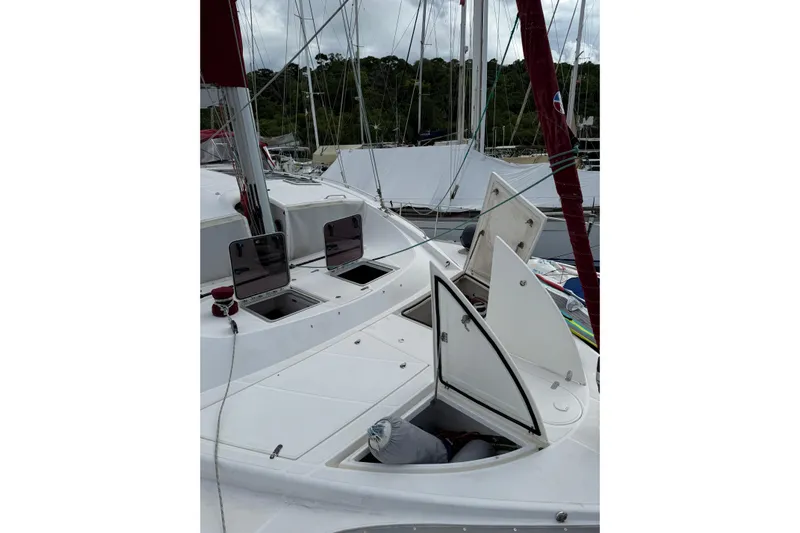 Manila Spirit Yacht Photos Pics 2012 Dean 5000 sailboat deck with open hatches and visible rigging.