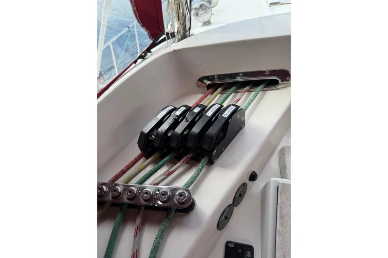 Manila Spirit Yacht Photos Pics Sailboat deck with rope clutches, Dean 5000 model, 2012.