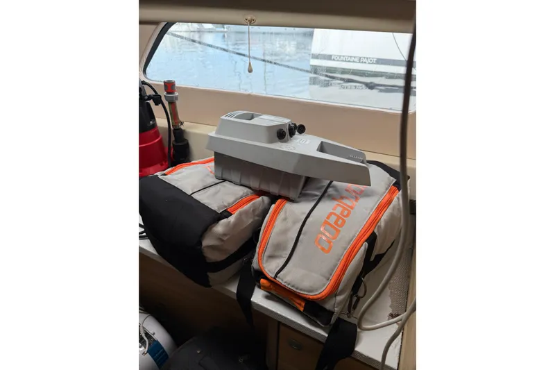 Manila Spirit Yacht Photos Pics Interior of a 2012 Dean 5000 yacht with Torqeedo equipment and life jackets.