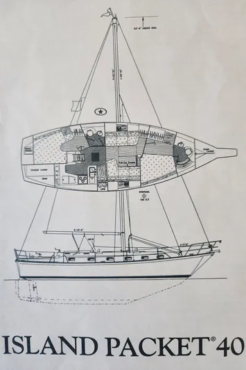 Tilikum III Yacht Photos Pics Blueprint of a 1997 Island Packet 40 sailboat, showcasing interior layout and side profile.