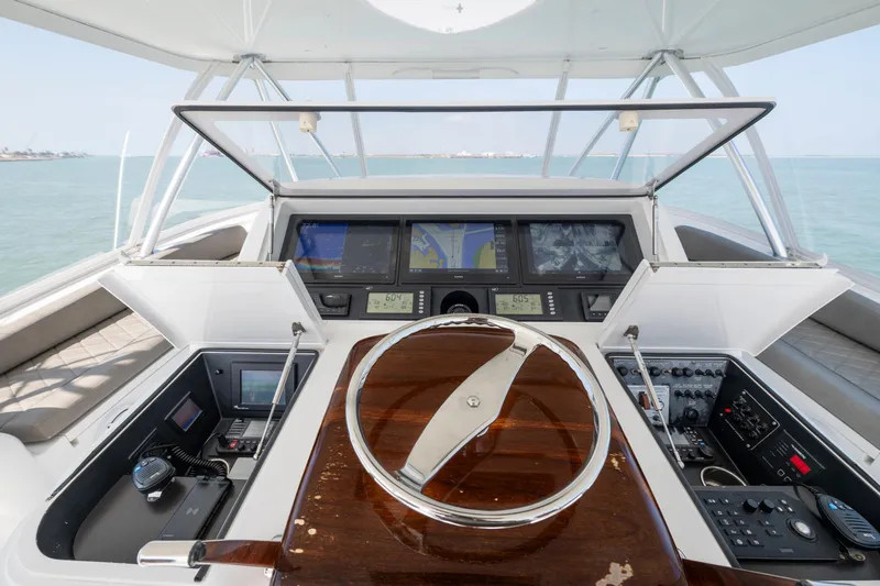 Cutter Bill Yacht Photos Pics Cockpit of 2011 Viking 70 Convertible yacht with advanced navigation systems.