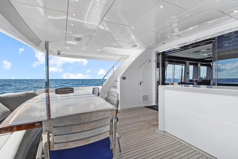 Surplus Lines Yacht Photos Pics Luxurious 2019 Hatteras M90 Panacera yacht deck with ocean view and elegant seating area.