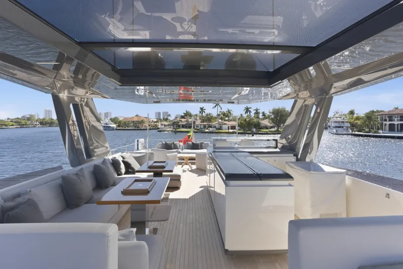 Date Night Yacht Photos Pics Luxurious 2018 Ferretti Yachts 920 with spacious deck and elegant seating area.