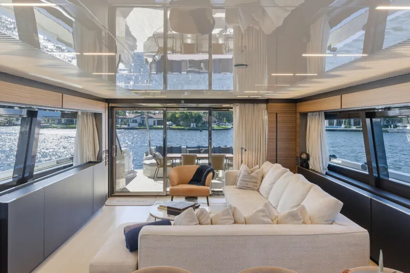 Date Night Yacht Photos Pics Luxurious interior of 2018 Ferretti Yachts 920 with elegant seating and panoramic water views.
