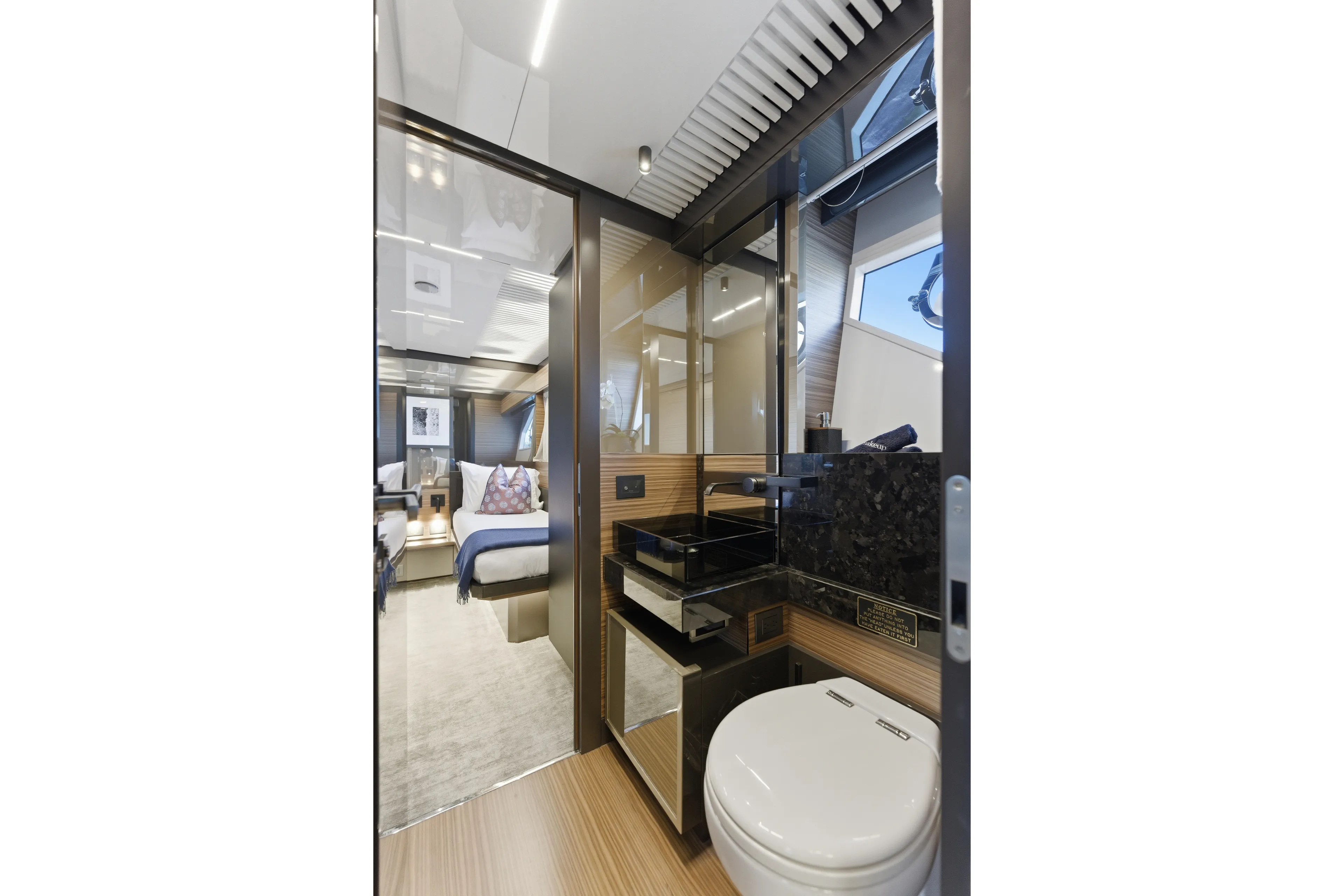 Date Night Yacht Photos Pics Luxurious bathroom and bedroom interior of 2018 Ferretti Yachts 920, featuring modern design elements.
