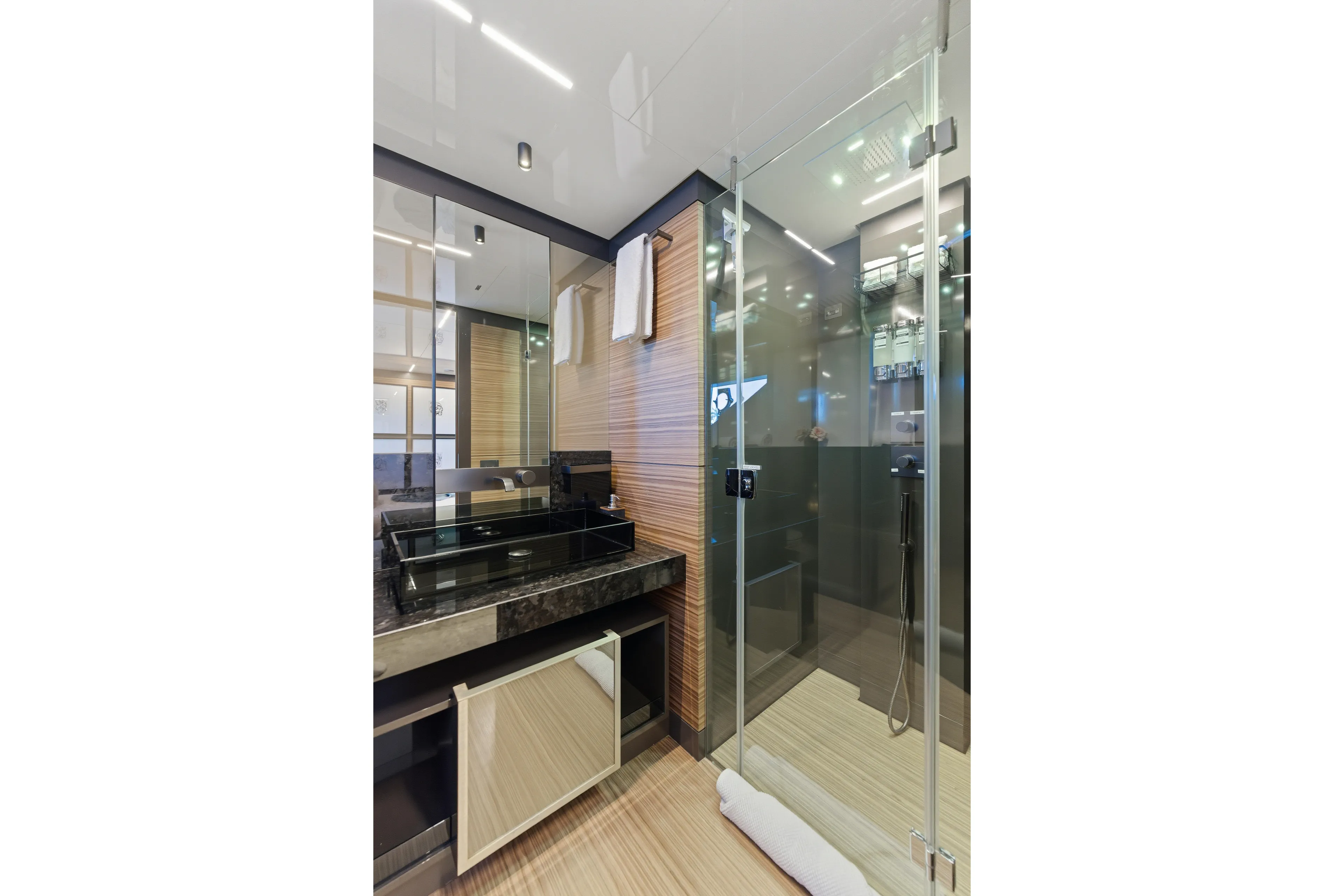 Date Night Yacht Photos Pics Luxurious bathroom in 2018 Ferretti Yachts 920, featuring modern glass shower and sleek design.