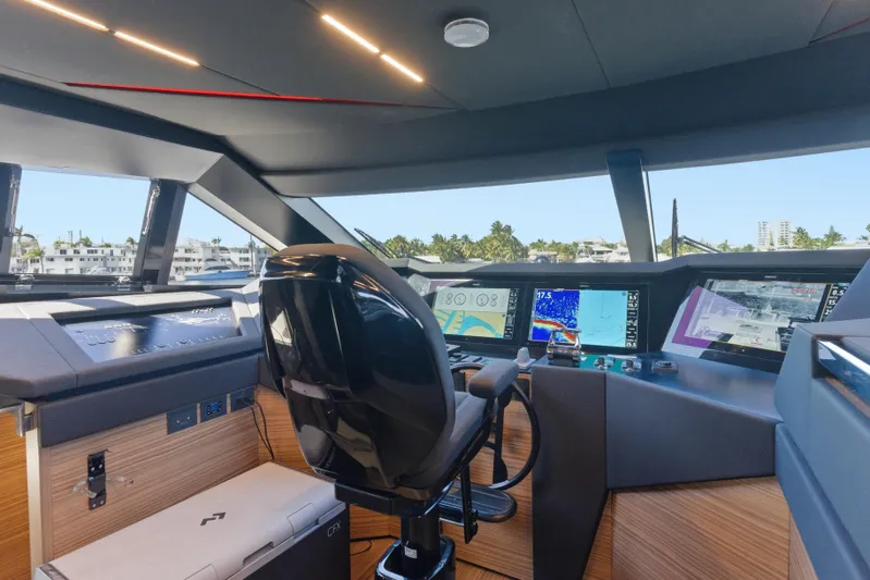 Date Night Yacht Photos Pics Luxurious 2018 Ferretti Yachts 920 helm with advanced navigation systems and sleek design.