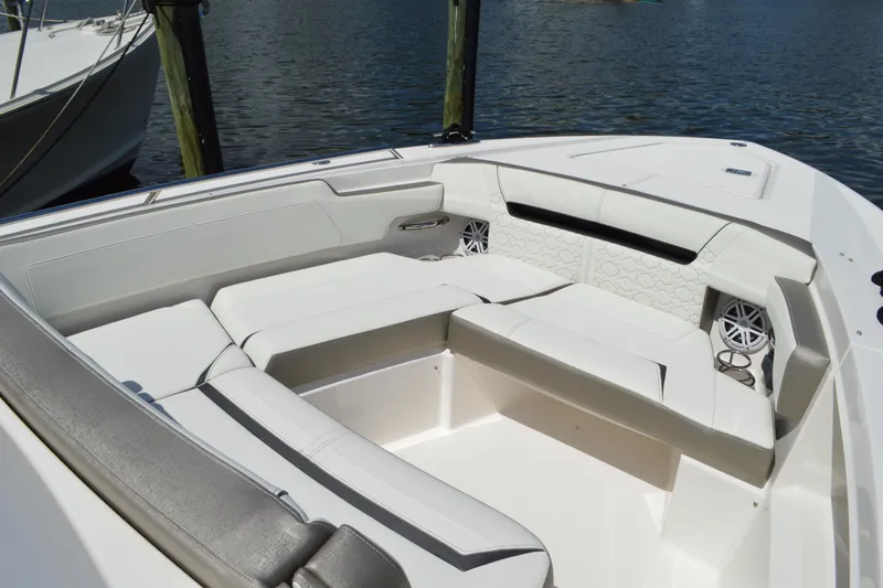 Station Break Yacht Photos Pics 2024 Tiara Yachts 34 LS boat interior with luxurious seating and modern design.