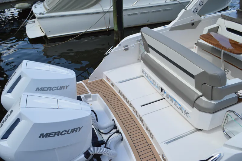 Station Break Yacht Photos Pics 2024 Tiara Yachts 34 LS with dual Mercury engines, docked in Annapolis.