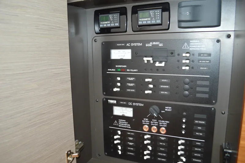 Station Break Yacht Photos Pics Electrical control panel on a 2024 Tiara Yachts 34 LS boat.