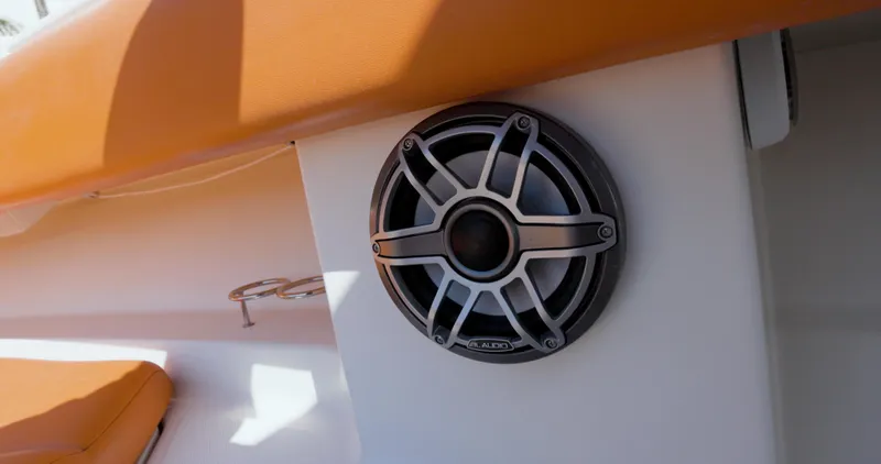  Yacht Photos Pics Speaker on 2009 Hydra-Sports 4200 SF boat with orange seating.