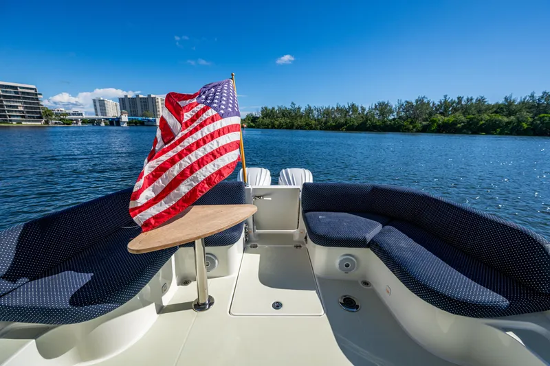  Yacht Photos Pics 2020 Back Cove 340 boat with American flag, spacious seating, and scenic waterfront view.