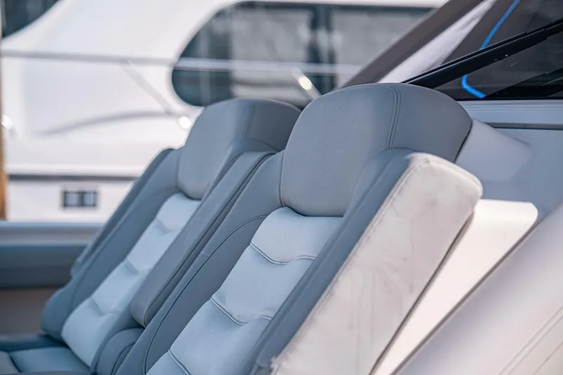 O-sea-d Yacht Photos Pics 2020 Scout 380 LXF boat seats with luxurious gray upholstery.