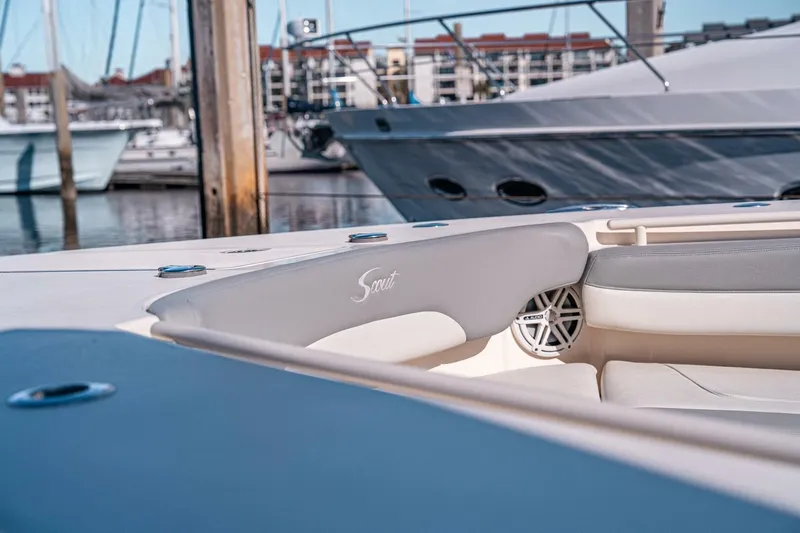 O-sea-d Yacht Photos Pics 2020 Scout 380 LXF boat interior with luxury seating at marina.