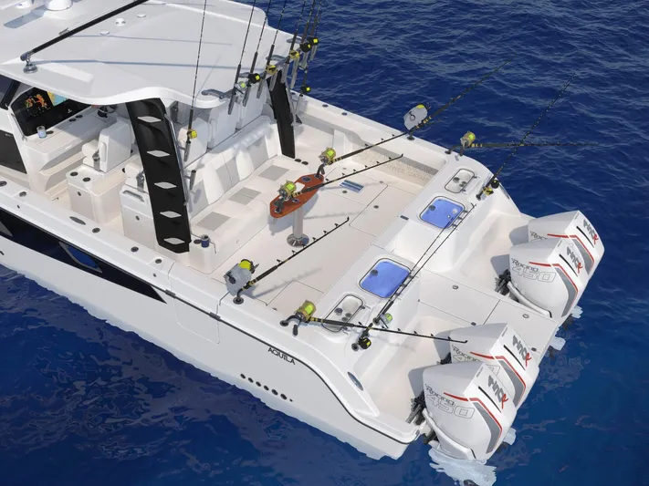 Aquila Molokai 47 Yacht Photos Pics Aquila 47 Molokai 2026 yacht with fishing gear and twin outboard engines on blue water.