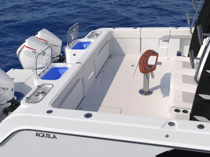 Aquila Molokai 47 Yacht Photos Pics Aquila 47 Molokai 2026 boat deck with seating and dual outboard motors.