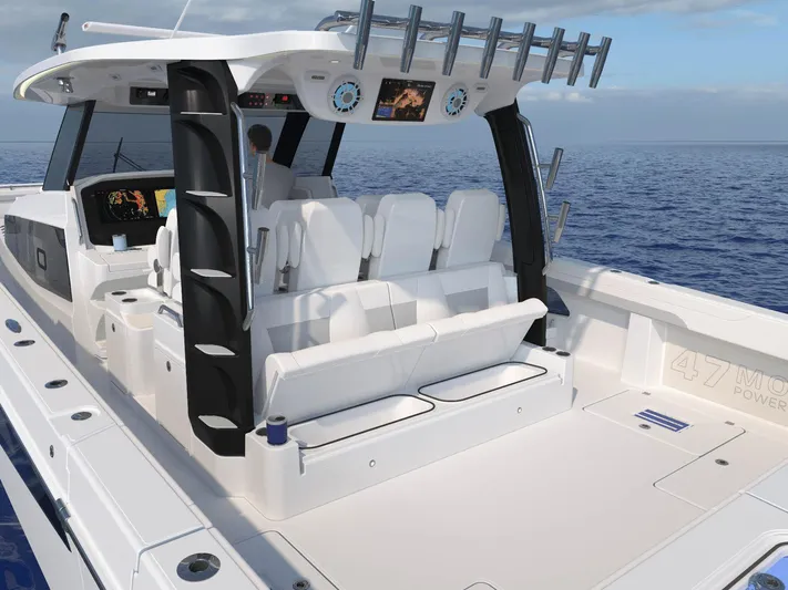 Aquila Molokai 47 Yacht Photos Pics Aquila 47 Molokai 2026 boat interior with seating and ocean view.