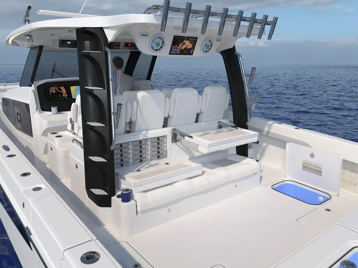 Aquila Molokai 47 Yacht Photos Pics 2026 Aquila 47 Molokai boat deck with seating and ocean view.