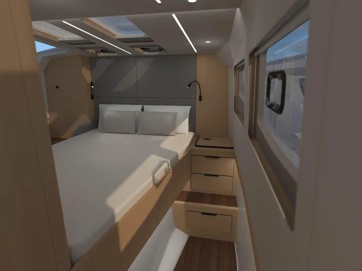 Aquila Molokai 47 Yacht Photos Pics Luxurious cabin interior of 2026 Aquila 47 Molokai yacht, featuring modern design and comfortable bedding.