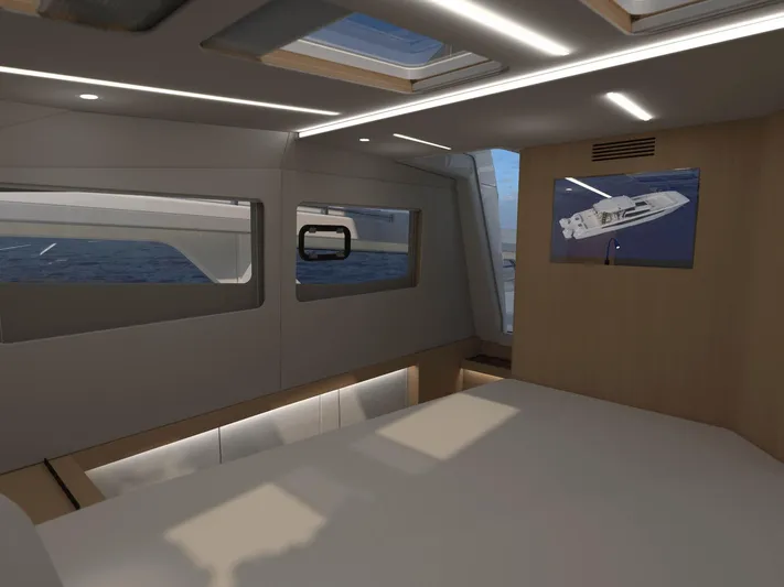 Aquila Molokai 47 Yacht Photos Pics Luxurious interior of 2026 Aquila 47 Molokai yacht with modern design and ocean view.