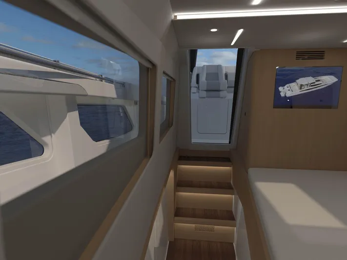 Aquila Molokai 47 Yacht Photos Pics Interior view of 2026 Aquila 47 Molokai yacht, featuring modern design and ocean view windows.