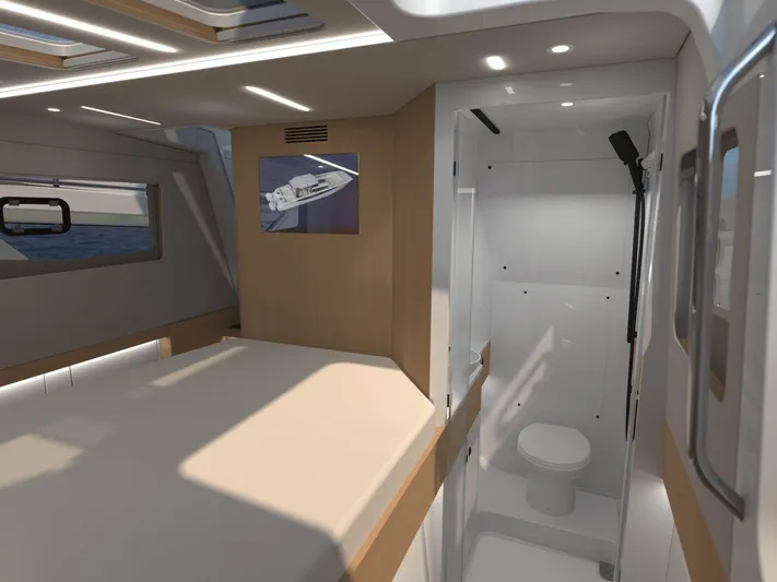 Aquila Molokai 47 Yacht Photos Pics Luxurious interior of 2026 Aquila 47 Molokai yacht with modern bedroom and bathroom.