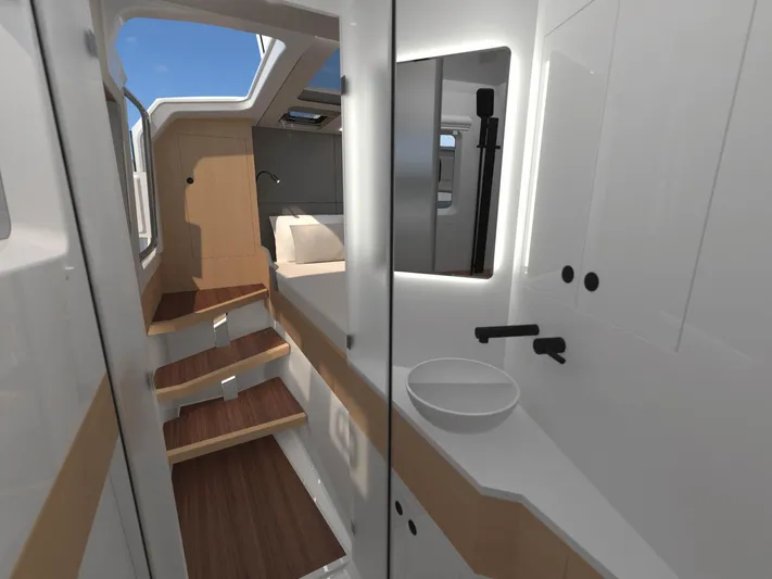 Aquila Molokai 47 Yacht Photos Pics Modern interior of 2026 Aquila 47 Molokai yacht with sleek design and wooden accents.