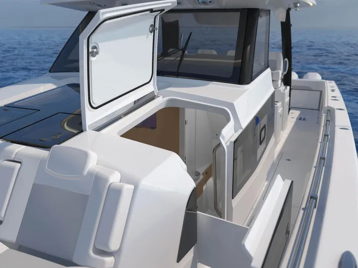 Aquila Molokai 47 Yacht Photos Pics 2026 Aquila 47 Molokai yacht with open hatch, sleek design, and ocean backdrop.