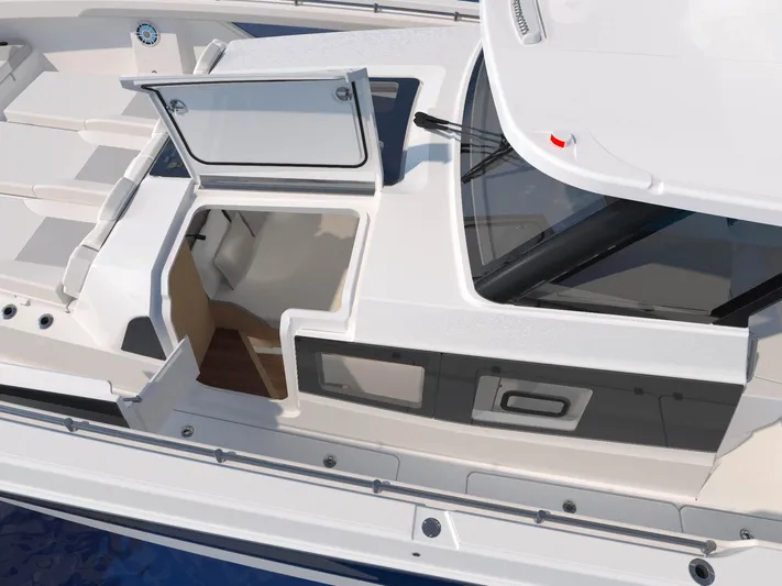 Aquila Molokai 47 Yacht Photos Pics 2026 Aquila 47 Molokai yacht, open hatch, sleek design, modern interior, luxury marine vessel.