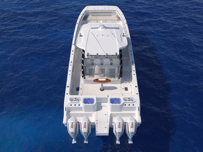 Aquila Molokai 47 Yacht Photos Pics Aquila 47 Molokai 2026 boat on blue ocean, aerial view.